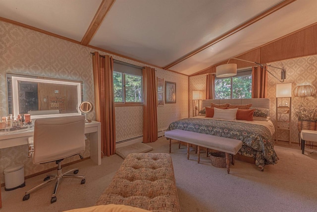 carpeted bedroom with lofted ceiling with beams, a baseboard radiator, and multiple windows