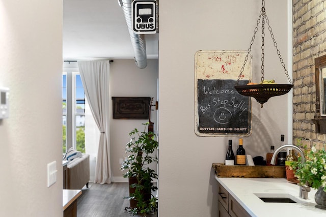 interior space featuring wood-type flooring and sink