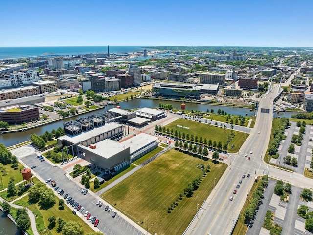 drone / aerial view featuring a water view