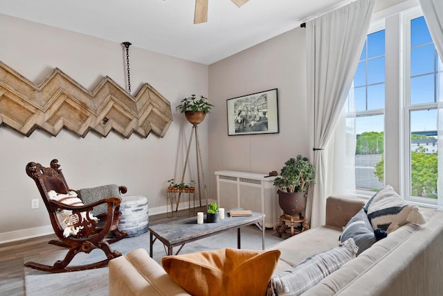 living room featuring ceiling fan and hardwood / wood-style floors