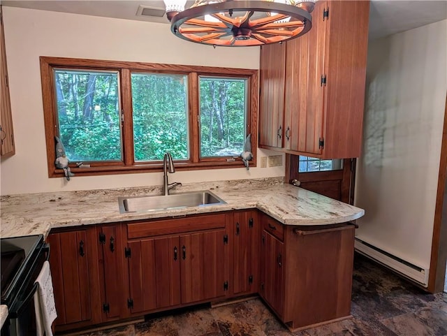 kitchen featuring black / electric stove, baseboard heating, a chandelier, and sink