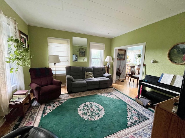 living room with wood-type flooring and ornamental molding