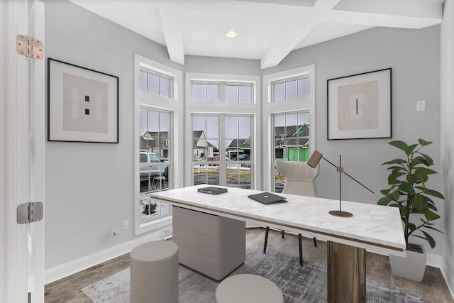 office featuring beam ceiling and hardwood / wood-style floors