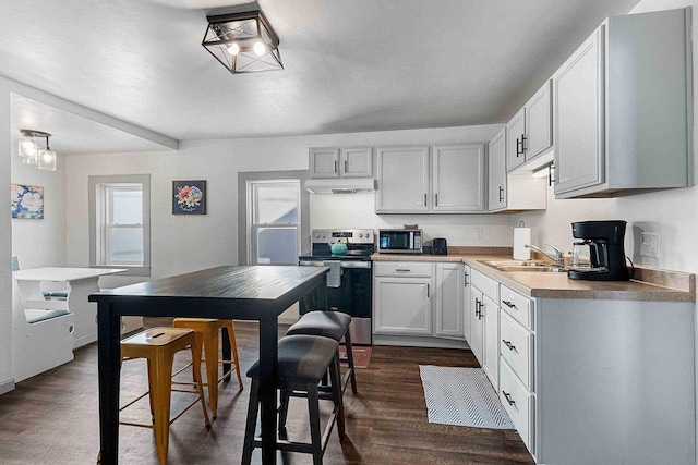 kitchen featuring dark hardwood / wood-style floors, sink, stainless steel appliances, and white cabinets