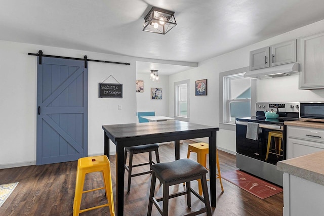 kitchen with appliances with stainless steel finishes, gray cabinetry, a barn door, and dark wood-type flooring