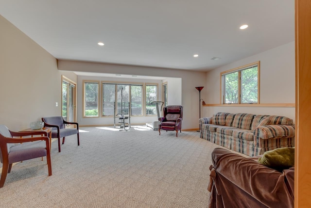 carpeted living room featuring plenty of natural light