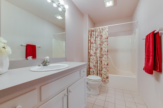 full bathroom featuring shower / bath combo, vanity, toilet, and tile patterned floors