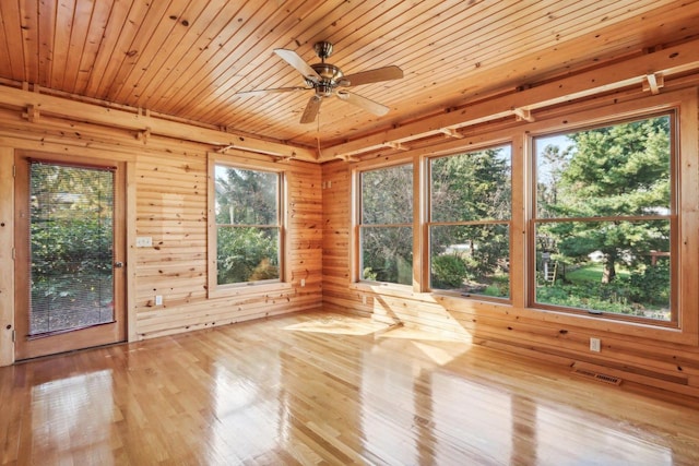 unfurnished sunroom featuring ceiling fan and wooden ceiling