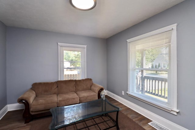 living room with dark wood-type flooring