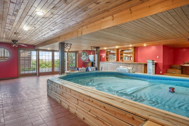 view of pool with ceiling fan and an indoor hot tub