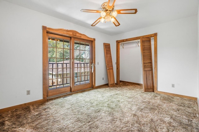 unfurnished bedroom featuring ceiling fan, a closet, light carpet, and access to exterior