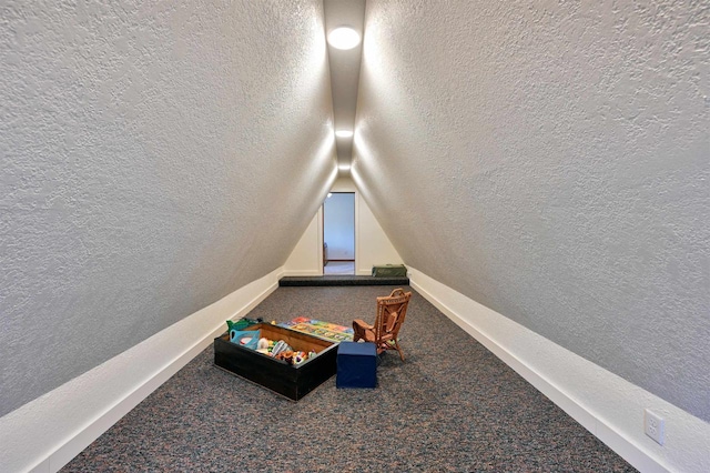 interior space with carpet floors, a textured ceiling, and vaulted ceiling