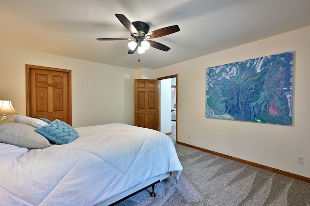 carpeted bedroom featuring ceiling fan