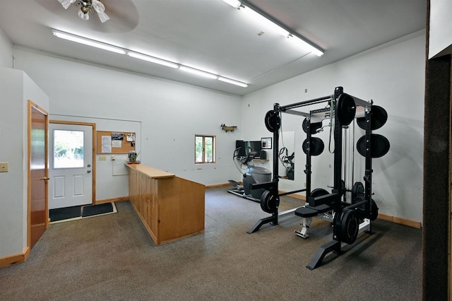 workout room featuring ceiling fan