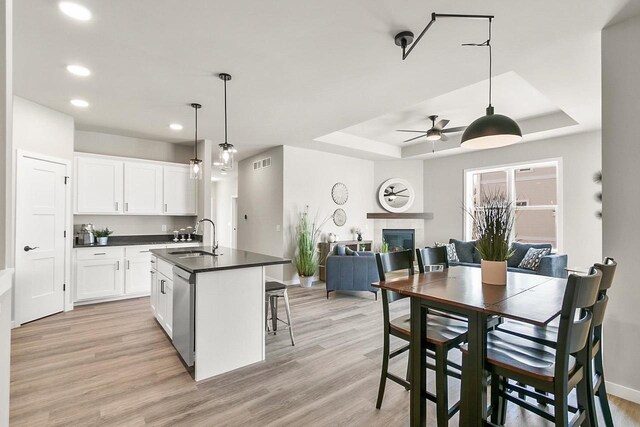 kitchen featuring white cabinets, dark countertops, a sink, a tray ceiling, and stainless steel dishwasher