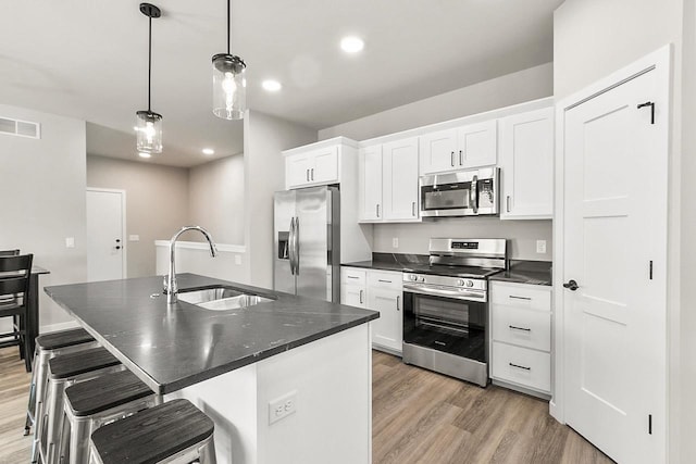 kitchen with dark countertops, a sink, stainless steel appliances, and visible vents
