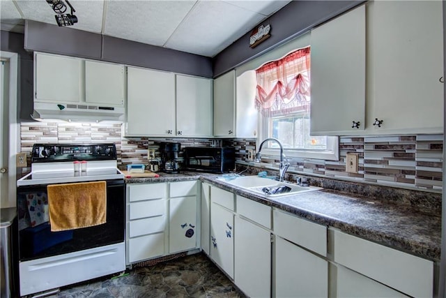 kitchen with white range with electric cooktop, sink, white cabinets, and decorative backsplash