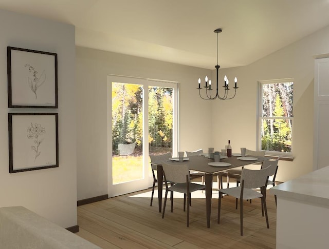 dining space featuring an inviting chandelier, vaulted ceiling, and light wood-type flooring