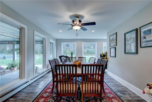 dining area featuring ceiling fan, dark wood-type flooring, and a baseboard heating unit