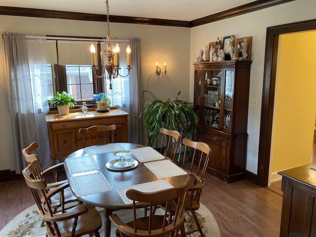 dining area featuring ornamental molding, a chandelier, and dark wood-type flooring