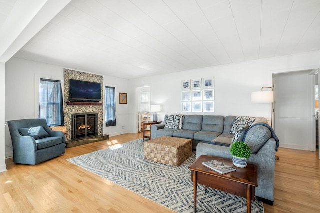 living room featuring light hardwood / wood-style flooring and a large fireplace