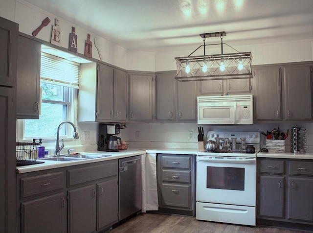 kitchen with pendant lighting, sink, white appliances, hardwood / wood-style flooring, and gray cabinets