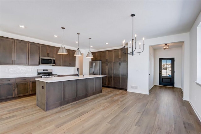 kitchen featuring sink, hanging light fixtures, a chandelier, a center island with sink, and appliances with stainless steel finishes