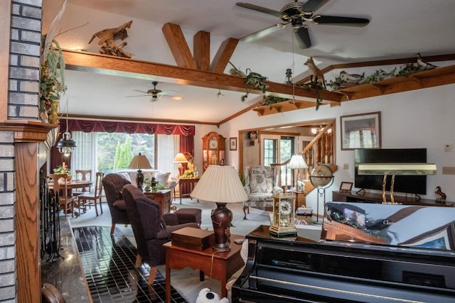 living room with vaulted ceiling with beams and ceiling fan