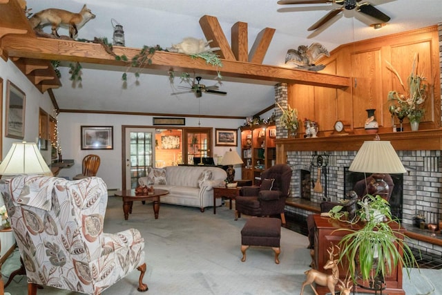 living room featuring ceiling fan, light colored carpet, vaulted ceiling, and a brick fireplace