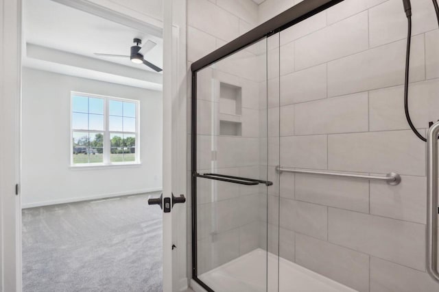 508 Hickory Hollow Rd Unit 0202, Waterford, WI 53185 - bathroom with ceiling fan and a shower with door