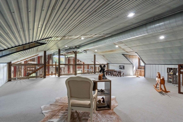 playroom featuring carpet floors, plenty of natural light, and vaulted ceiling