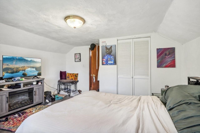 bedroom featuring vaulted ceiling, a closet, and a textured ceiling