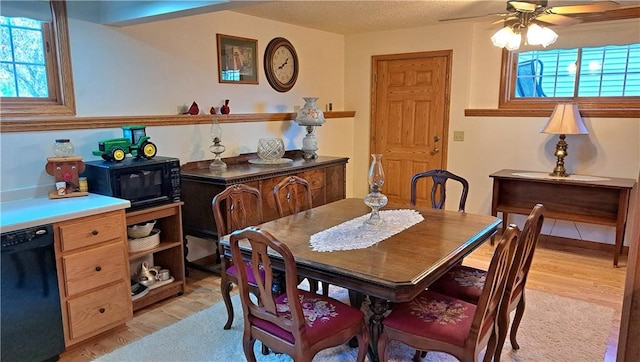 dining room with ceiling fan, a textured ceiling, and light hardwood / wood-style flooring