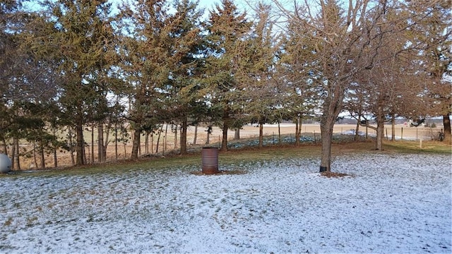 yard layered in snow featuring a rural view