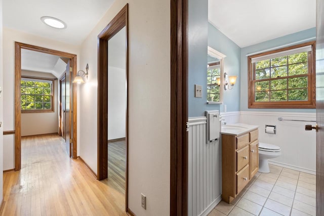 bathroom with hardwood / wood-style flooring, vanity, and toilet