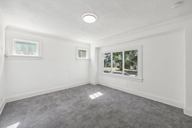 empty room featuring a textured ceiling, crown molding, and dark carpet