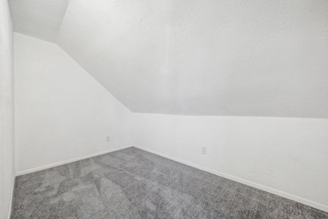 bonus room with a textured ceiling, lofted ceiling, and carpet