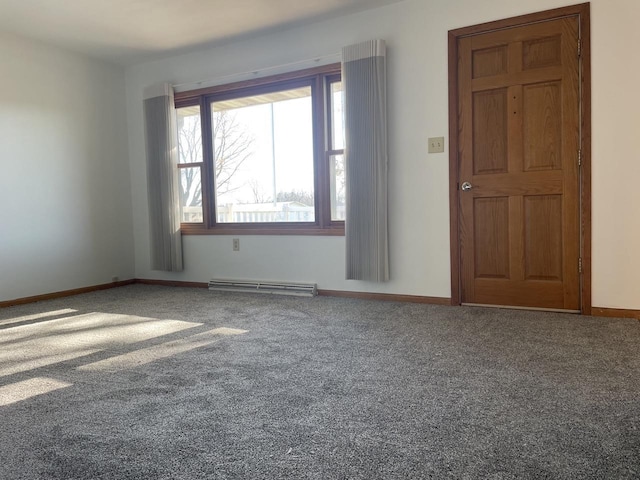 carpeted empty room with baseboard heating