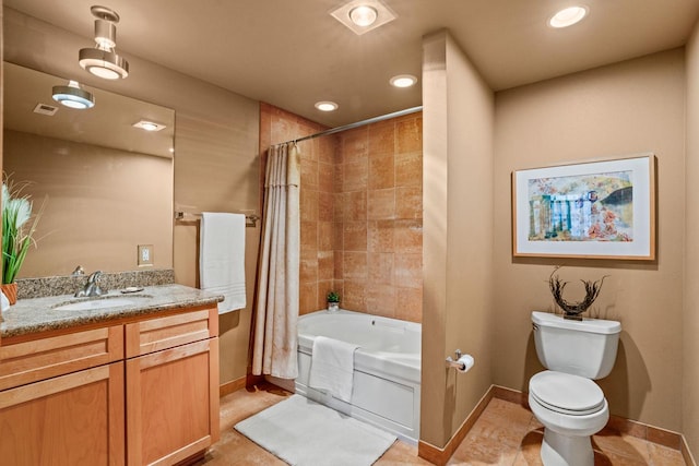 full bathroom with shower / bathtub combination with curtain, tile patterned floors, vanity, and toilet