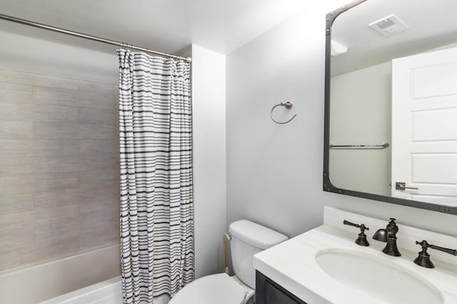 full bathroom featuring vanity, toilet, and shower / bathtub combination with curtain