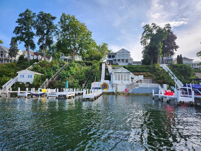 view of dock with a water view