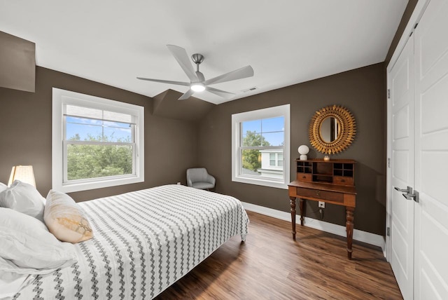 bedroom with multiple windows, dark hardwood / wood-style floors, ceiling fan, and a closet