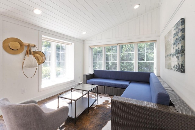 living room featuring wooden ceiling, vaulted ceiling, and dark hardwood / wood-style floors