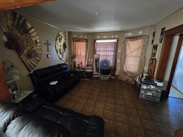 living room with ornamental molding, dark parquet floors, and a textured ceiling