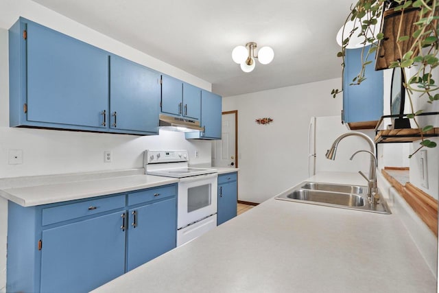 kitchen featuring blue cabinets, sink, and white appliances