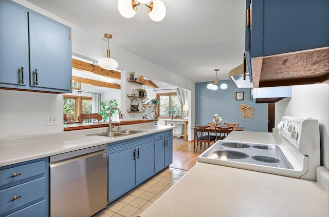 kitchen with hanging light fixtures, sink, stainless steel dishwasher, and a healthy amount of sunlight