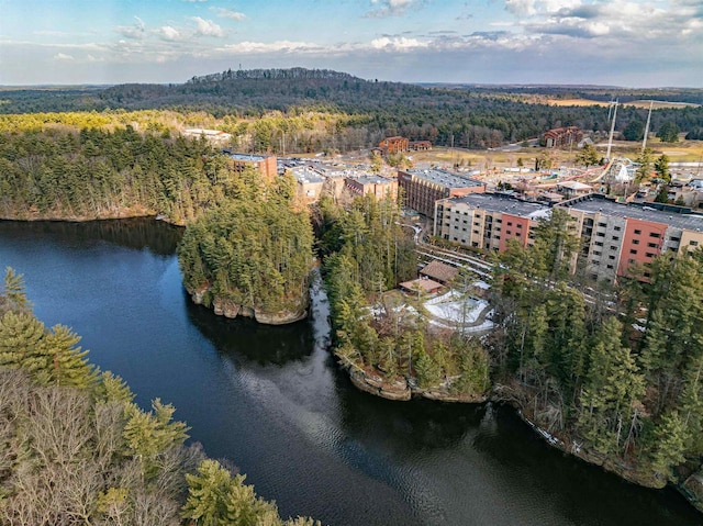 drone / aerial view with a water view