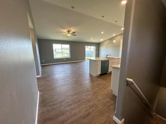 interior space featuring ceiling fan, sink, and dark hardwood / wood-style flooring