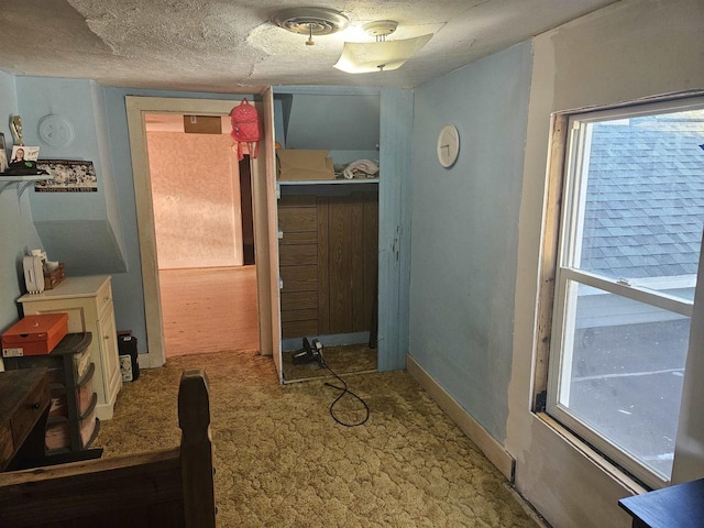 interior space featuring multiple windows, carpet flooring, and a textured ceiling