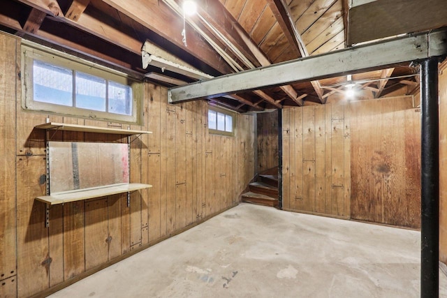 basement featuring wood walls